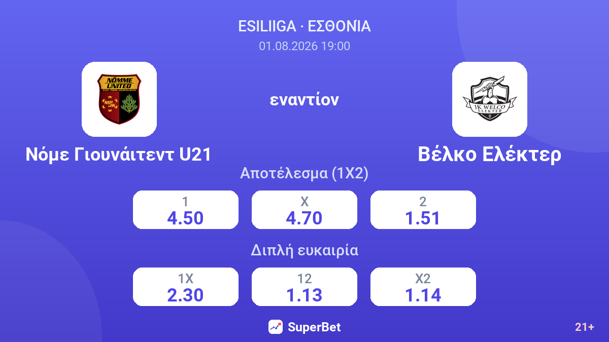 Νόμε Γιουνάιτεντ U21 - Βέλκο Ελέκτερ — αποδόσεις