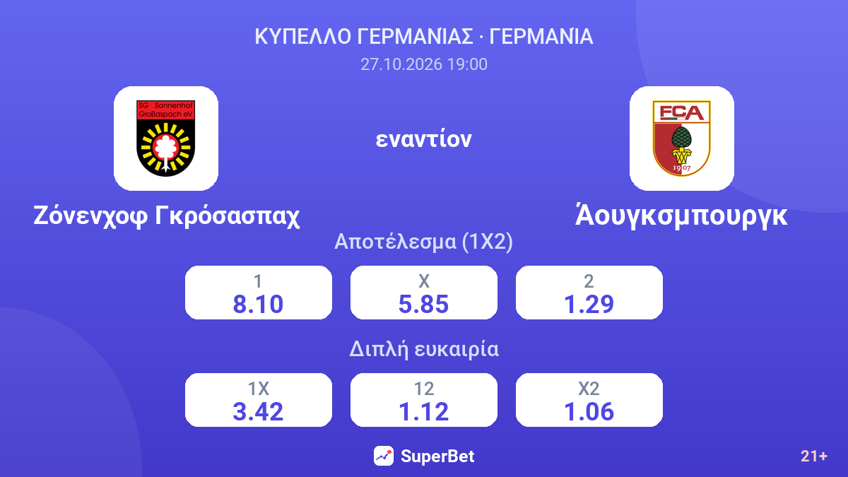 Ζόνενχοφ Γκρόσασπαχ - Άουγκσμπουργκ — αποδόσεις
